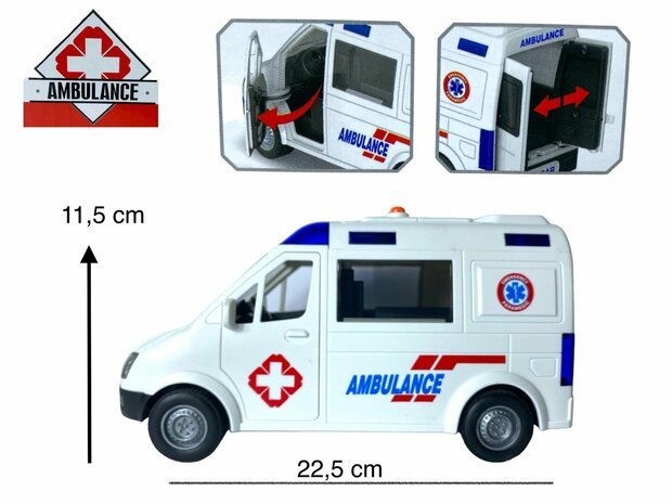 Ambulance speelgoed - Frictiemotor - 22.5CM - met geluid sirene en lichtjes 