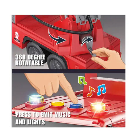 Brandweerwagen - met sproeislang en ladderwagen - Frictie -  geluid en lichtjes - 25 cm