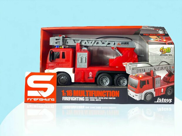 Fire truck - with spray hose and ladder truck - Friction - sound and lights - 25 cm