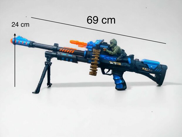 Flash Combat Zone - speelgoedgeweer - geluidseffect - trapfunctie - draaiende kogelriem - led lichtjes 69CM 