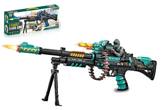 Flash Combat Zone - speelgoedgeweer - geluidseffect - trapfunctie - draaiende kogelriem - led lichtjes 69CM 
