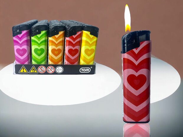 Lighters - 50 pieces in tray - Retro Heart print - refillable - TOM&reg;