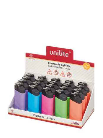 Unilite click lighters - refillable - 20 pieces in a display - 5 ass. soft color - soft touch lighters