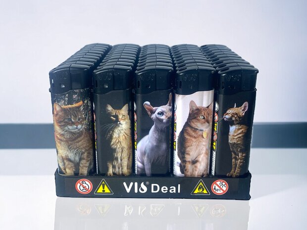 Lighters 50 pieces - refillable - adjustable flame - cat print