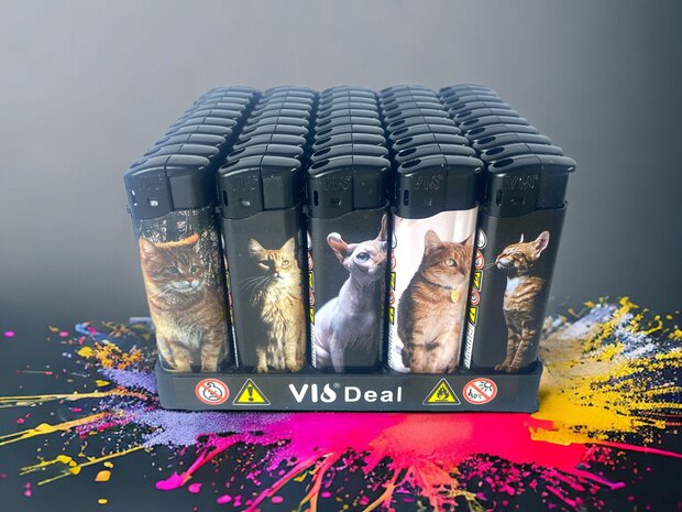 Lighters 50 pieces - refillable - adjustable flame - cat print