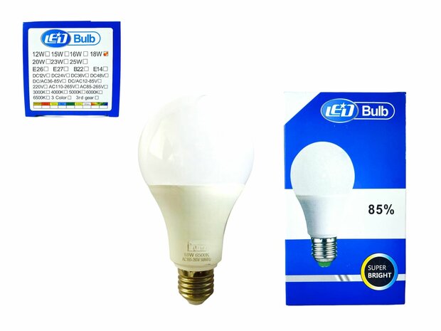 LED lamp - E27 fitting - 1W vervangt 18W - 6500K daglicht wit Energy A