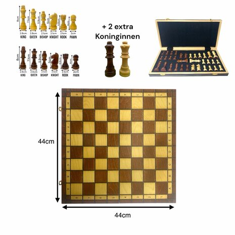 Chess board set - 44 x 44 cm - Wood - Magnetic - Foldable - 2 extra Queens