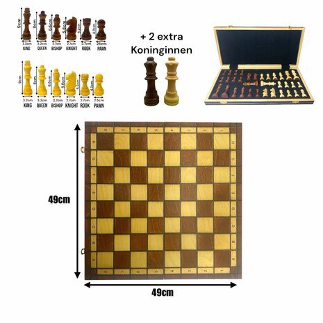 Chess board set - Wood - Magnetic - 49 CM - Foldable - 2 extra Queens