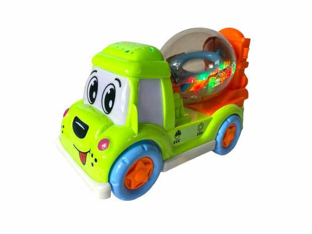 DogTruck Bump&amp;Go - betonmixer vrachtwagen hondje - beweegt, geluid en muziek