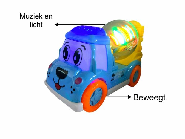 DogTruck Bump&amp;Go - betonmixer vrachtwagen hondje - beweegt, geluid en muziek Blauwe 