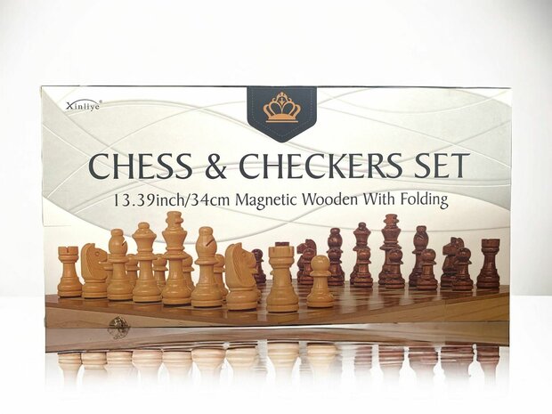 Chess and checkers 2in1 package - Foldable - magnetic chess pieces and checkers pieces - Wood - 34CM