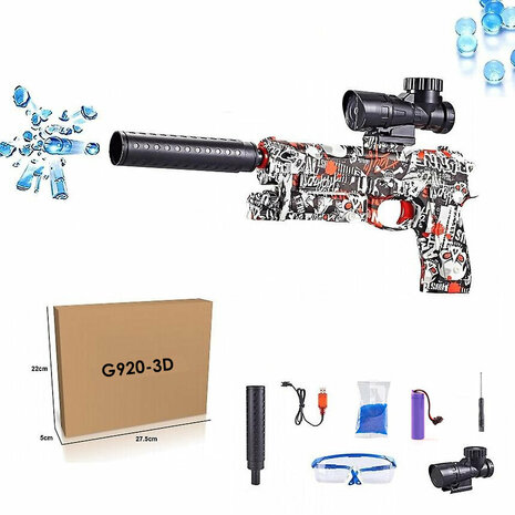 Gel Blaster- Elektrische pistool  - Red Graffiti  - compleet set incl. gel ballen - oplaadbaar - 37CM