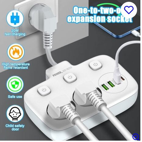 Stekkerdoos met USB-C 20W Snellader - 2 Stopcontacten - 4 USB Poorten 1.8 Meter 