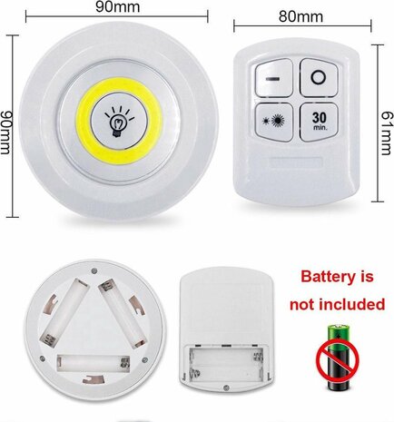 LED Lampen - 3 stuks met afstandsbediening - draadloze wandlampen - Dimbaar - met Timer - wit licht