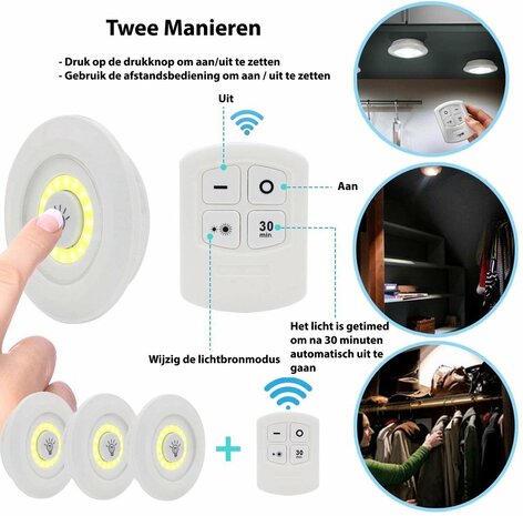 LED Lamps - 3 pieces with remote control - wireless wall lamps - Dimmable - with Timer - white light