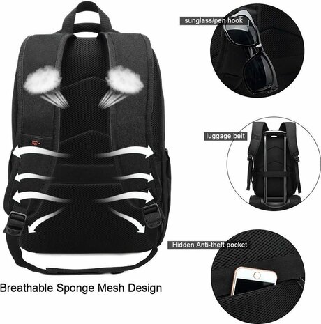 Backpack black - Splashproof - USB charging port - travel bag