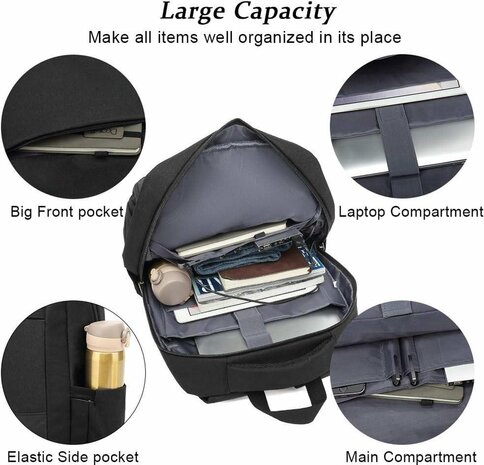 Backpack black - Splashproof - USB charging port - travel bag