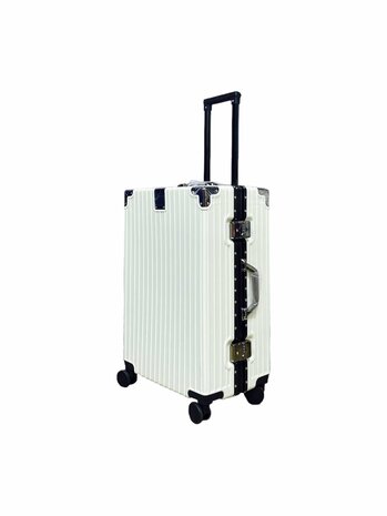 hard shell carry-on suitcase, PC ABS aluminum 4 metal corners for protection white