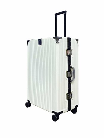 hard shell carry-on suitcase, PC ABS aluminum 4 metal corners for protection white