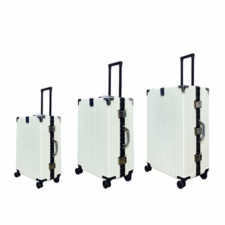 hard shell carry-on suitcase, PC ABS aluminum 4 metal corners for protection white