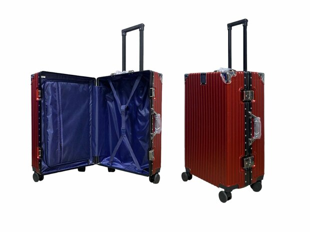 hard shell carry-on suitcase, PC ABS aluminum 4 metal corners for protection red