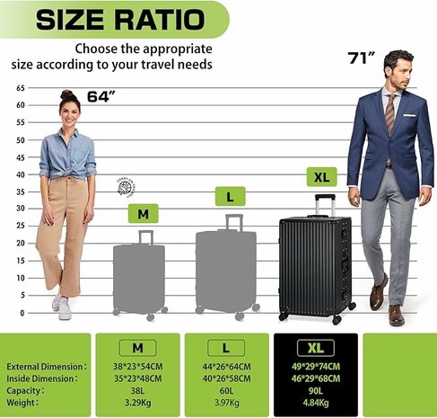 Hard shell suitcase, PC ABS aluminum black 85L large size L