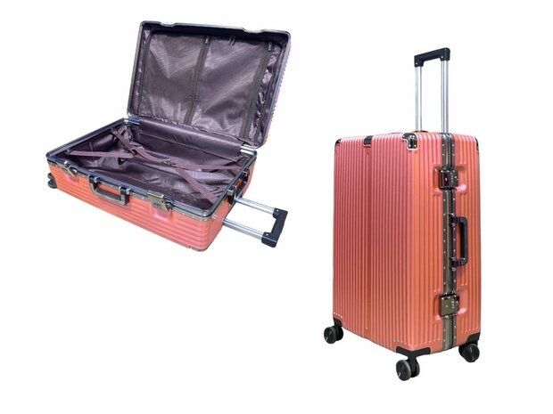 Kofferset Licht roze met harde schaal, PC ABS aluminium&nbsp; 2 delig&nbsp;Grote koffer + handbagage 