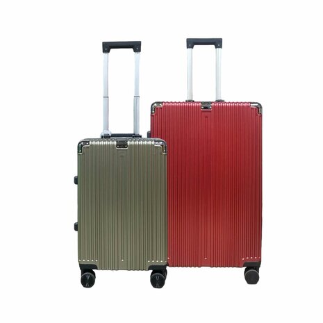 Hard shell suitcase set, PC ABS aluminum 2 pieces Large suitcase + hand luggage dark pink + Mocha gray