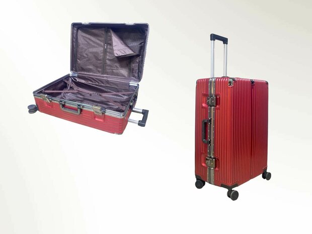 Kofferset met harde schaal, PC ABS aluminium&nbsp; 2 delig&nbsp;Grote koffer + handbagage donker roze +  Mokka grijs