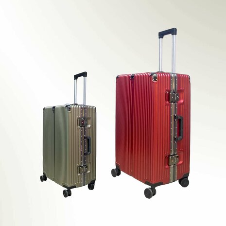 Hard shell suitcase set, PC ABS aluminum 2 pieces Large suitcase + hand luggage dark pink + Mocha gray