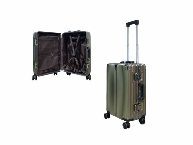 Hard shell suitcase set, PC ABS aluminum 2 pieces Large suitcase + hand luggage dark pink + Mocha gray