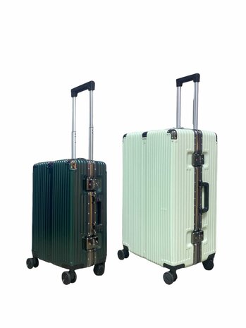 Hard shell suitcase set, PC ABS aluminum 2 pieces Large suitcase + hand luggage dark dark + Light green