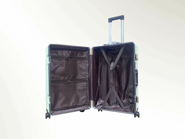 Hard shell suitcase set, PC ABS aluminum 2 pieces Large suitcase + hand luggage dark dark + Light green