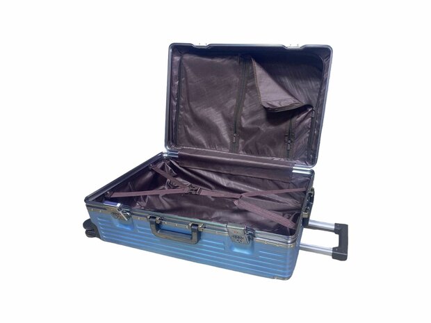 Hard shell suitcase set, PC ABS aluminum 2 pieces Large suitcase + hand luggage dark green + Light blue