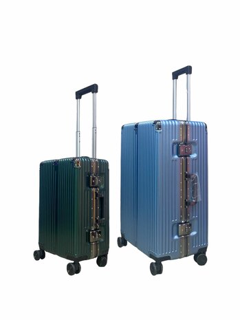 Hard shell suitcase set, PC ABS aluminum 2 pieces Large suitcase + hand luggage dark green + Light blue