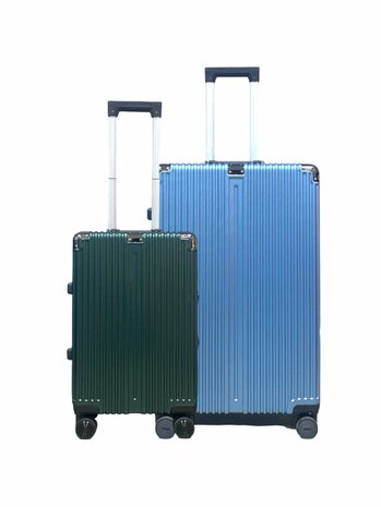 Hard shell suitcase set, PC ABS aluminum 2 pieces Large suitcase + hand luggage dark green + Light blue