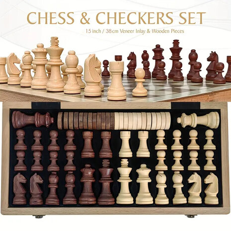 CHess &amp; Checkers Set - Schaken en dammen 2in1 - 38X38CM - beuken hout 