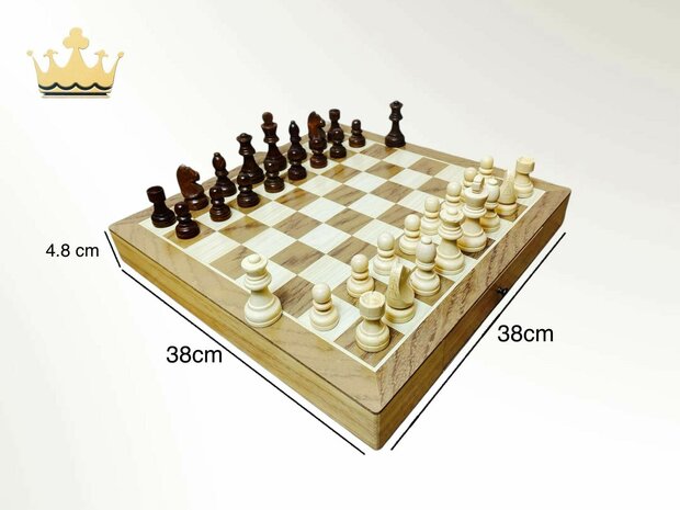 Chessboard - Wooden - 38x38cm - with modern conveniences such as a built-in storage drawer + 2 Extra Queens