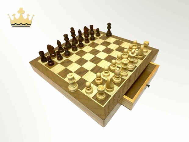 Chessboard - Wooden - 38x38cm - with modern conveniences such as a built-in storage drawer + 2 Extra Queens