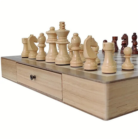 Chessboard - Wooden - 38x38cm - with modern conveniences such as a built-in storage drawer + 2 Extra Queens