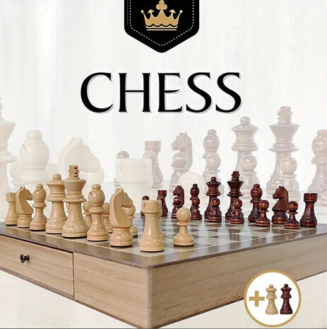 Chessboard - Wooden - 38x38cm - with modern conveniences such as a built-in storage drawer + 2 Extra Queens