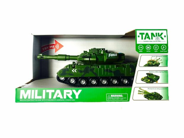 Military toy Tank - light and sound - friction motor - Green