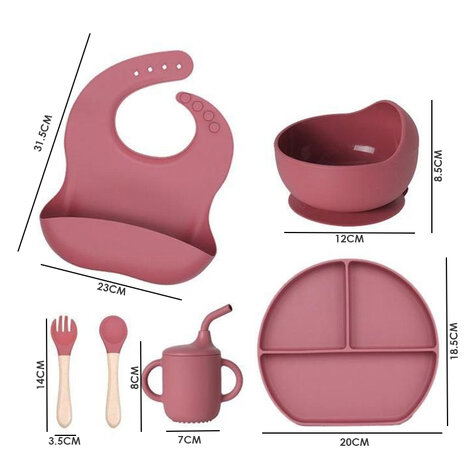 TableWare baby Set - Siliconen baby servies set - Vaatwasserbestendig - 6 delig - donker roze