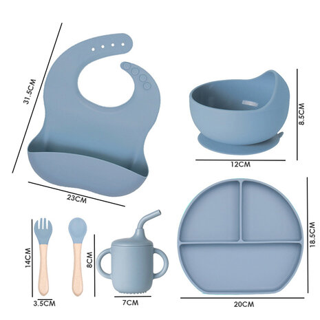 TableWare baby Set - Silicone baby tableware set - Dishwasher safe - 6 pieces - blue