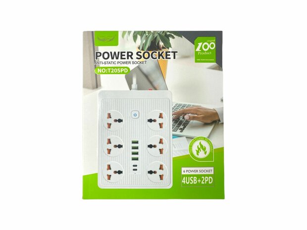 Premium Power Strip with 6 Plugs and 6 USB inputs + 2 USB-C 20W Fast Charger 185 cm Cable 