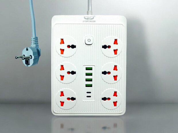 Premium Stekkerdoos met 6 Stekkers en 6 USB ingangen + 2 USB-C 20W Snellader 185 cm Kabel 