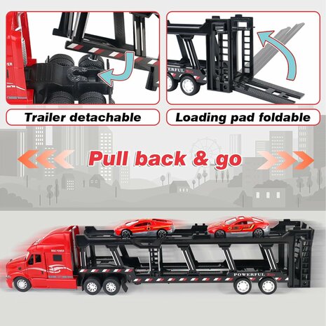 Vrachtwagen - DIE-CAST - autotransporter&nbsp;+ 2 mini auto&#039;s 3in1 - pull-back drive Truck R