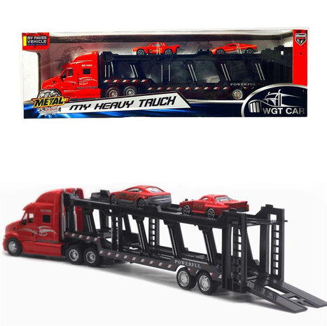 Vrachtwagen - DIE-CAST - autotransporter&nbsp;+ 2 mini auto&#039;s 3in1 - pull-back drive Truck R