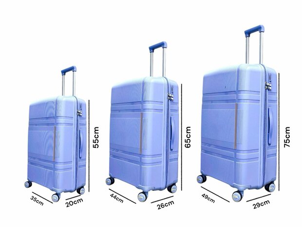 Koffer 55CM licht blauw met 4 wielen 360 graden spinner Handbagage -&nbsp;100% polypropyleen - editie 2025