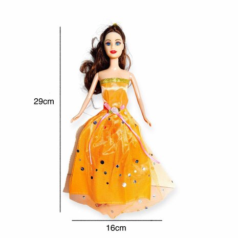 Prinsessen-pop met een leuke outfit en unieke stijl - Met prachtige Oranje galajurk 29CM